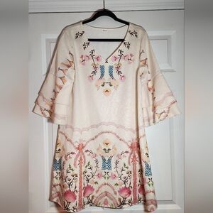 Cream Colored Colorful Floral Layered Bell Sleeve Mini Dress Has Tiny Mark L